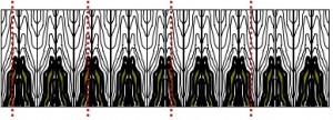 Sequence matched and numbered warehouse set. Lines show possible points where the ribbon of veneer was cut to desirable width at the outfeed side of the splicer